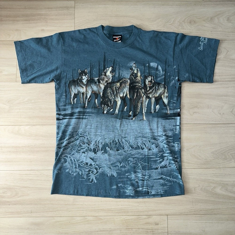 Vintage Wolf Shirt‎ Growl Pack Aop Blue Size Large Nature Forest Animal Wildlife
